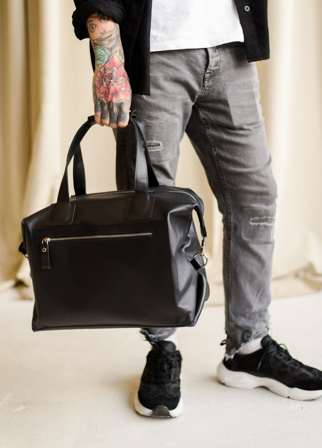 Универсальная и вместительная сумка большого размера ручной работы из натуральной фактурной кожи черного цвета Boorbon (253412640)