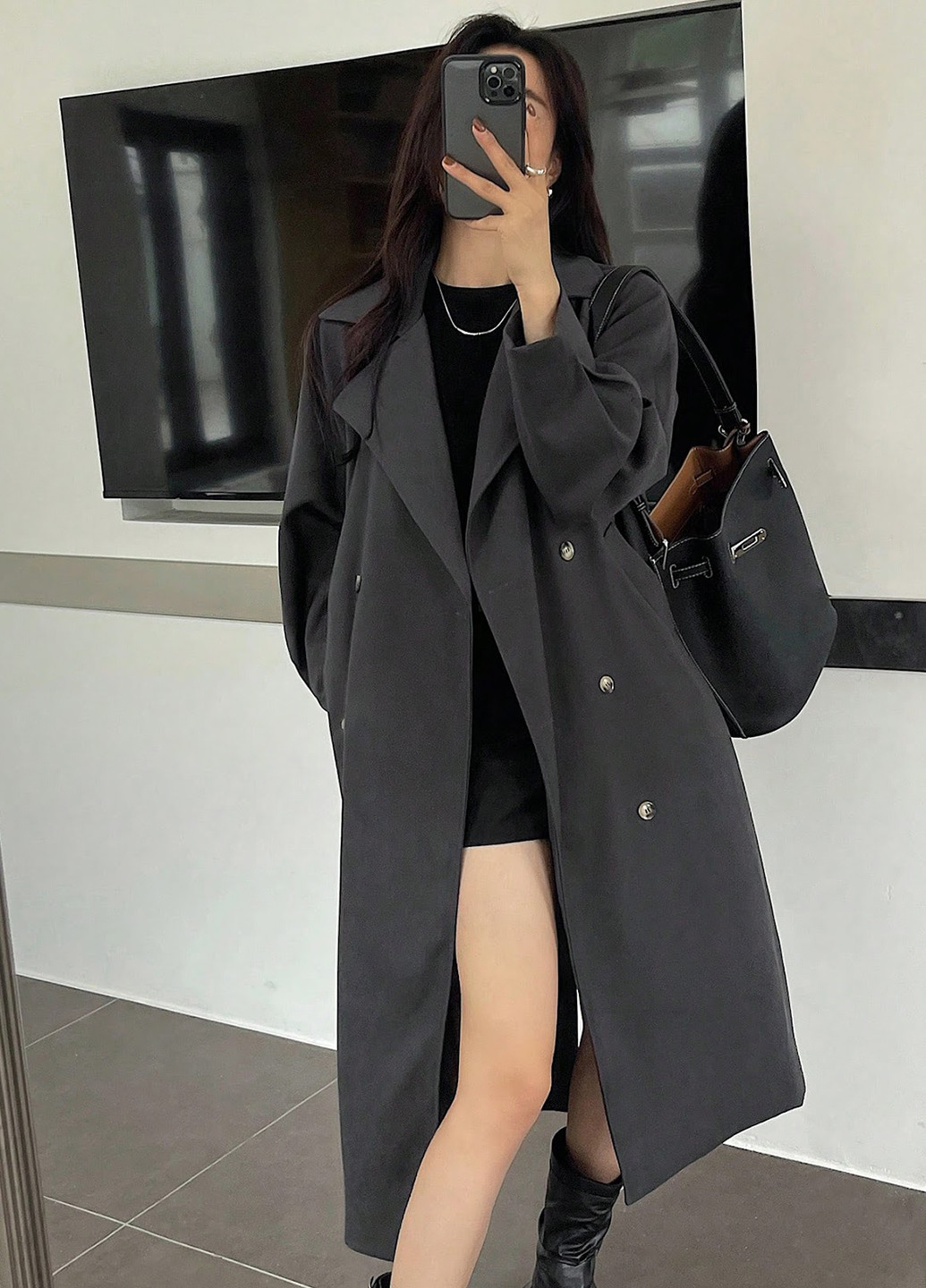 Сіре демісезонне Пальто двобортне SHEIN