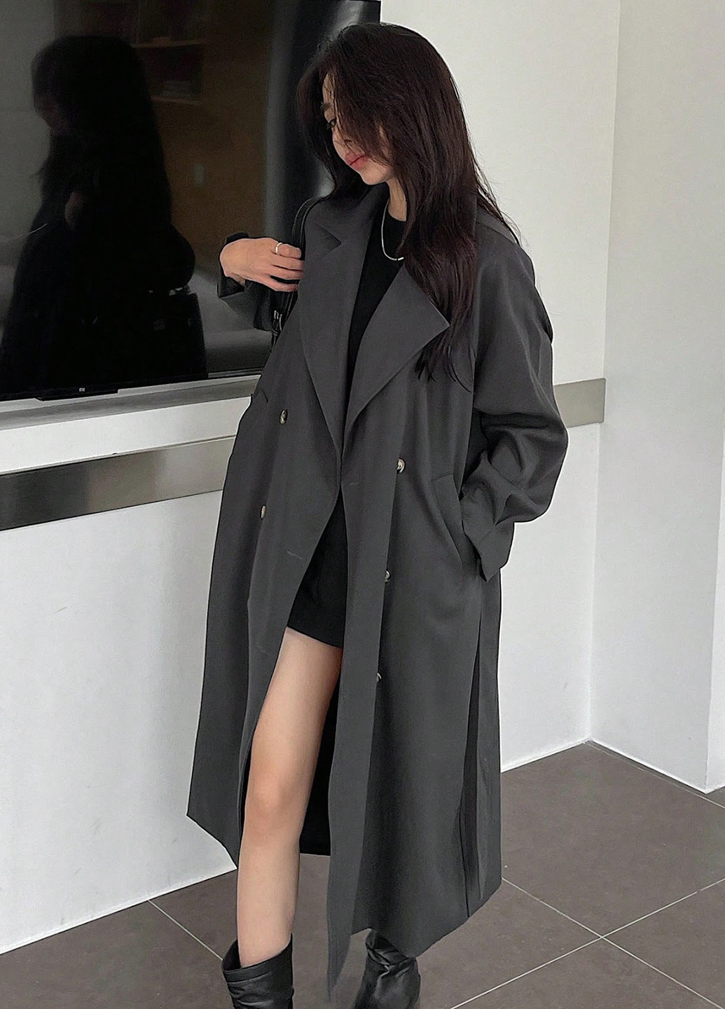 Сіре демісезонне Пальто двобортне SHEIN