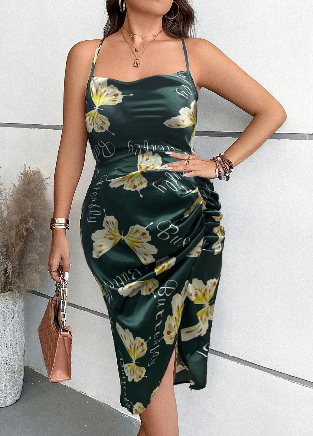 Темно-зелена кежуал сукня з відкритою спиною SHEIN метелики