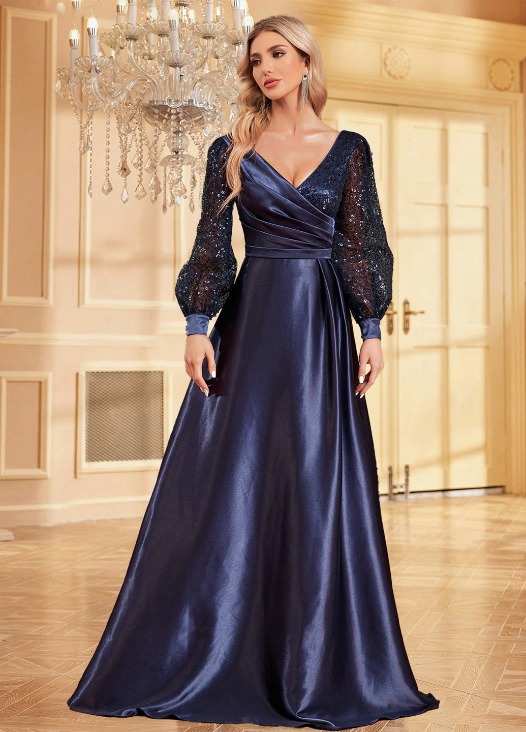 Темно-синя кежуал сукня кльош, на запах SHEIN однотонна