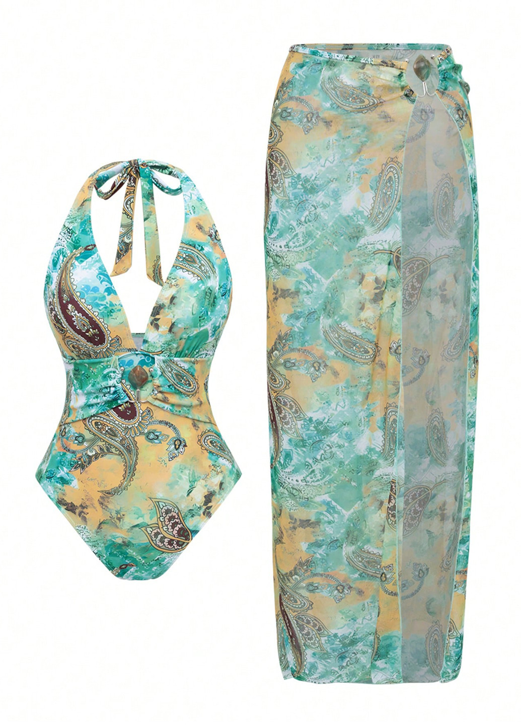 Комбинированный летний комплект (купальник, парео) слитный, халтер SHEIN