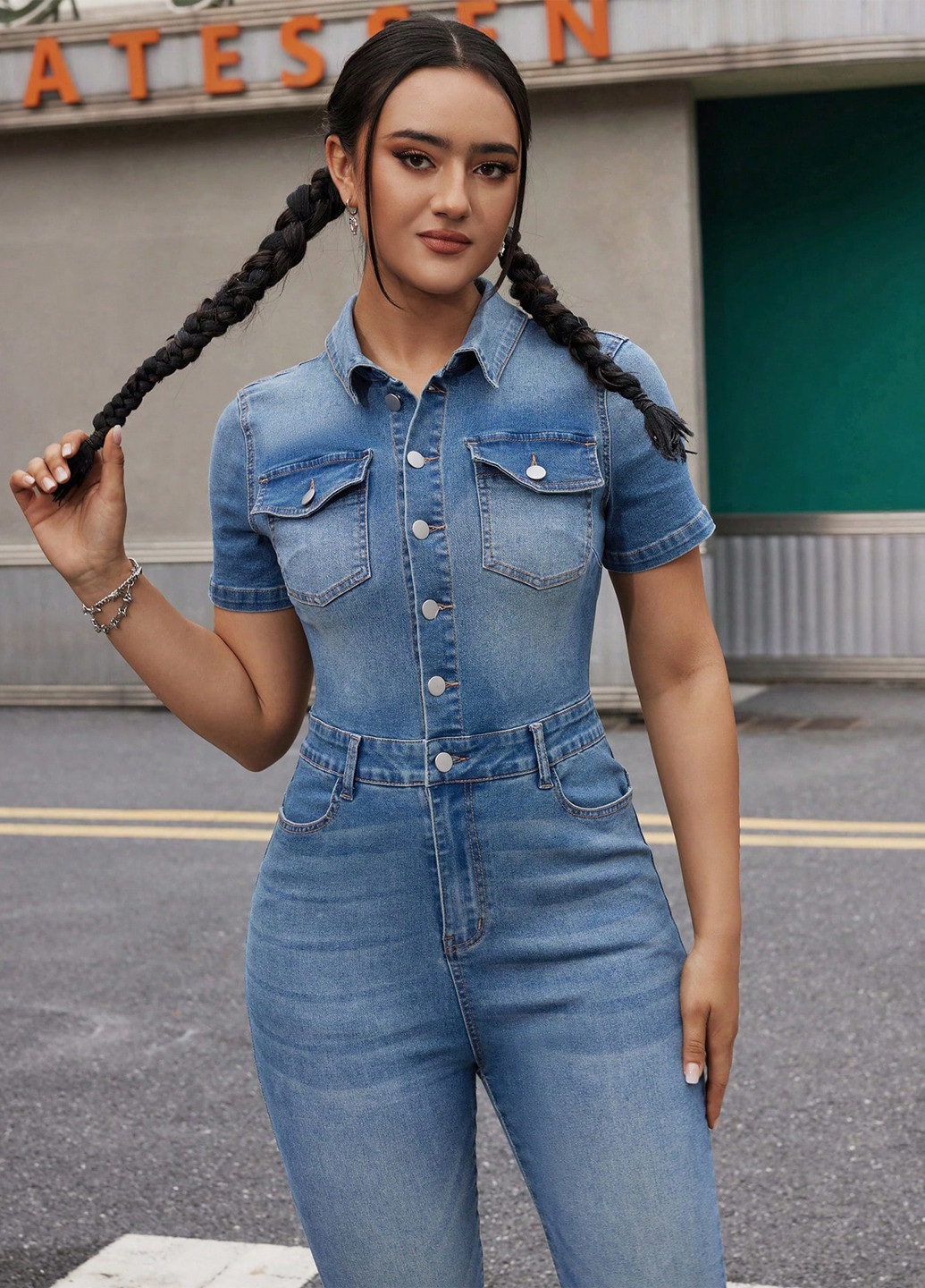 Комбинезон SHEIN комбинезон-брюки варенка синий денил хлопок, джинс