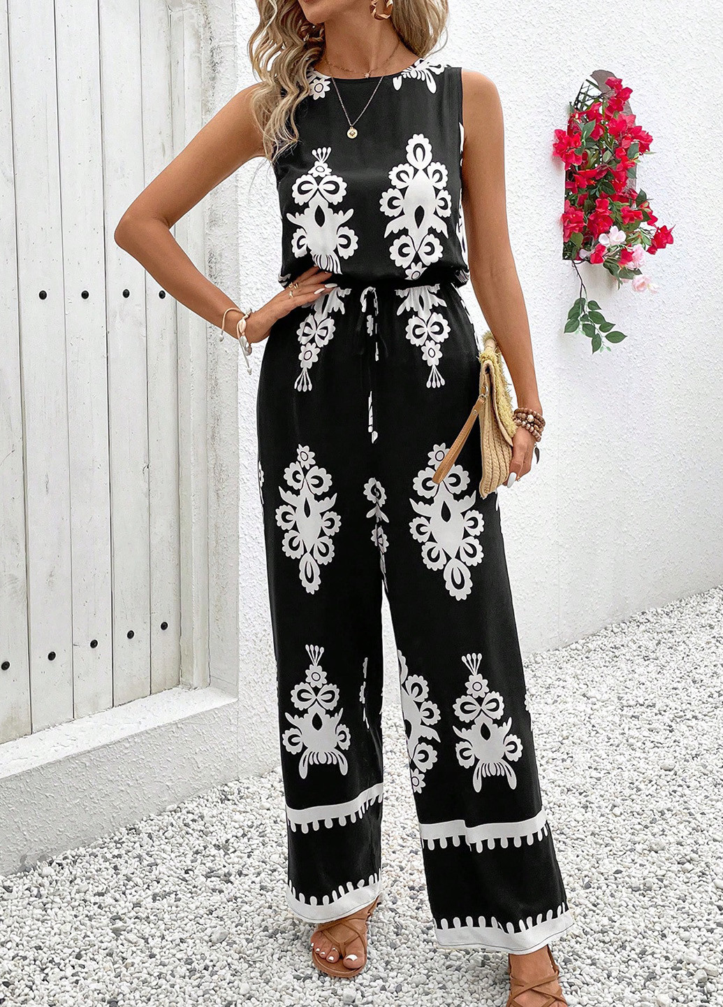 Комбінезон SHEIN комбінезон-брюки орнамент чорний кежуал віскоза