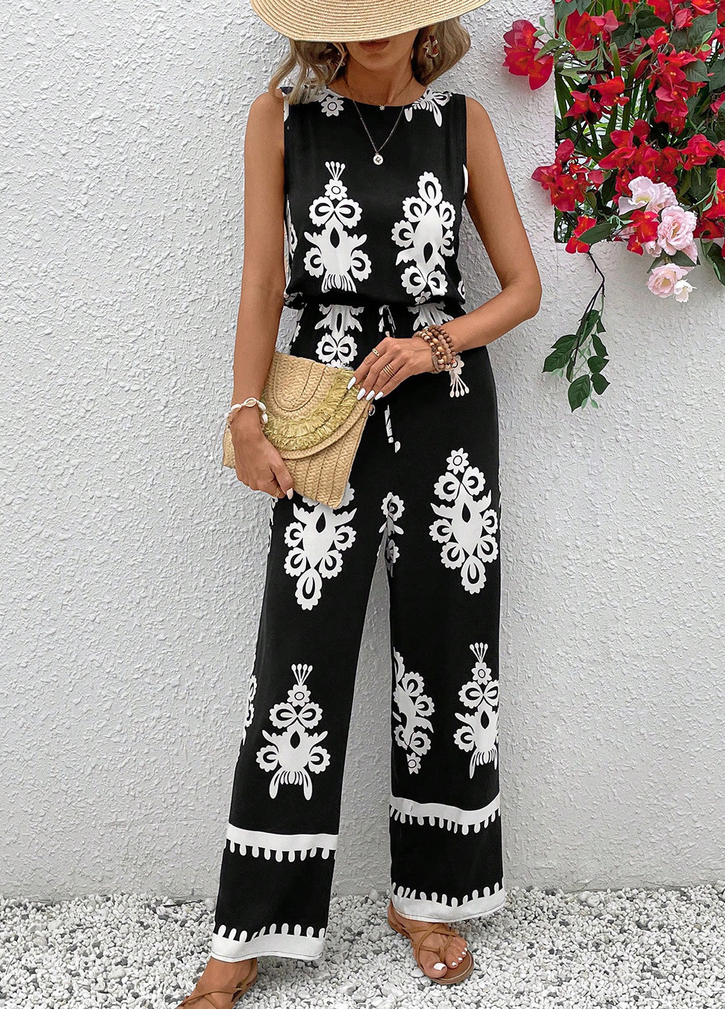 Комбінезон SHEIN комбінезон-брюки орнамент чорний кежуал віскоза