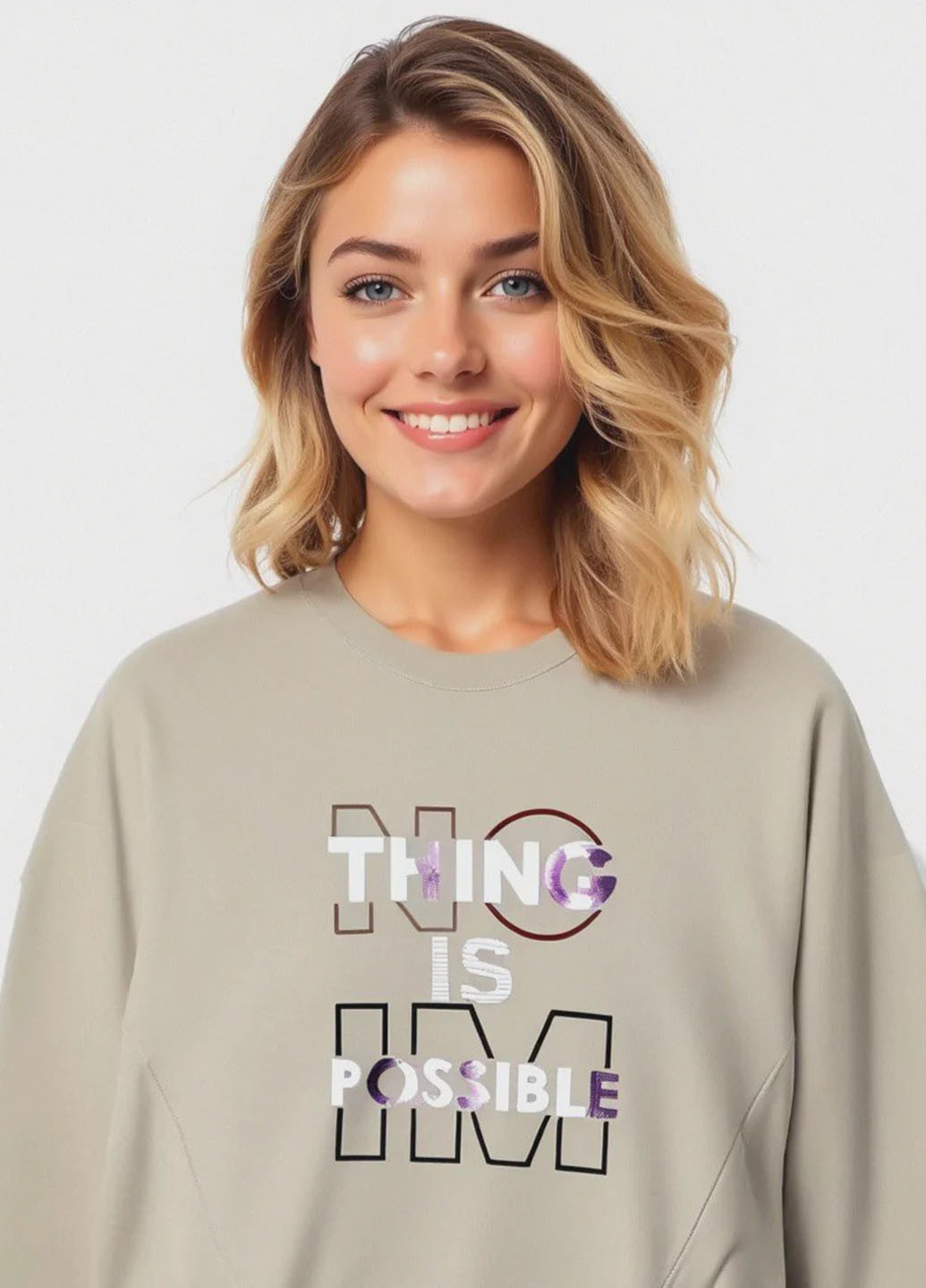 Серо-бежевый свитшот Piazza Italia надпись без декора (363048315)