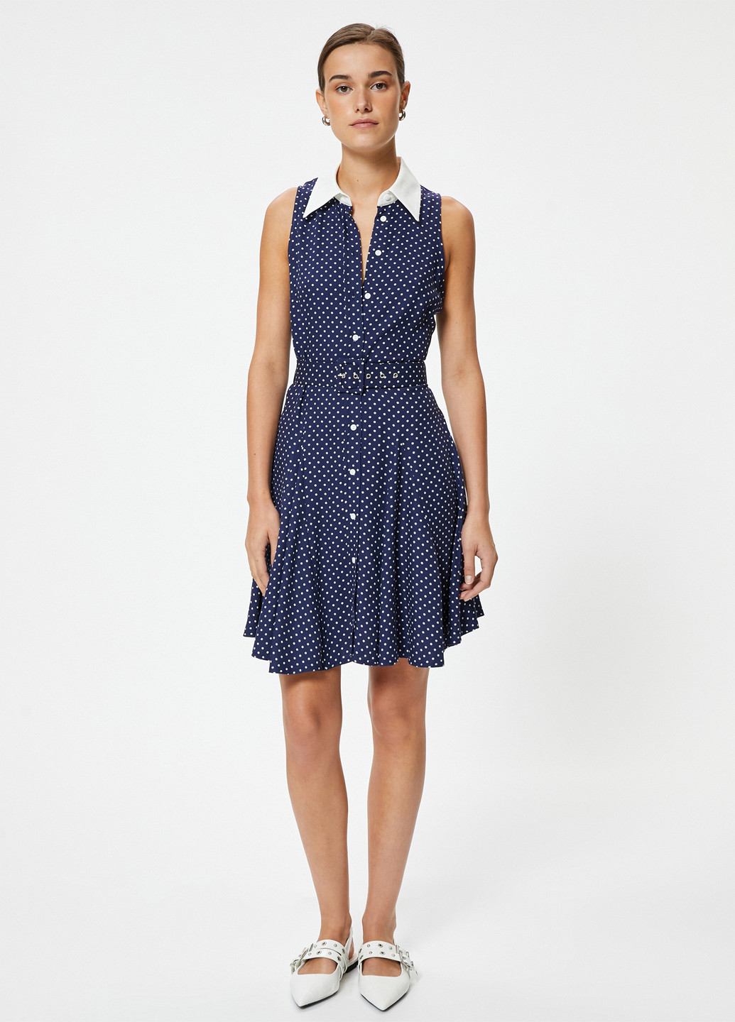 Темно-синее кэжуал платье клеш KOTON в горошек