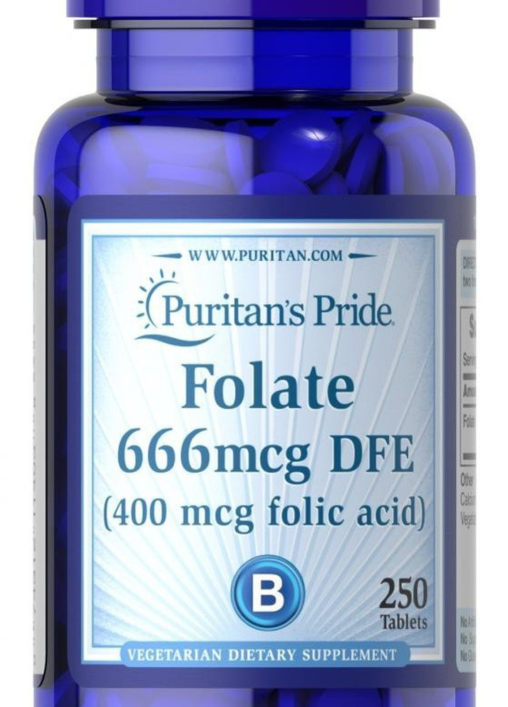 Фолат Folate 666mcg DFE (Folic Acid 400 mcg) 250 Tablets Puritans Pride (232599864)