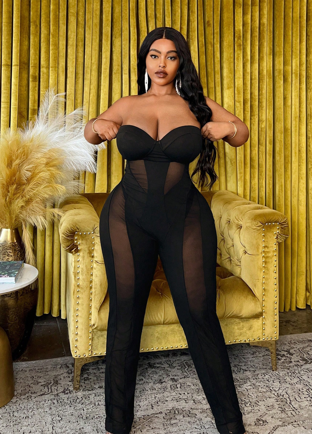 Комбінезон SHEIN комбінезон-брюки однотонний чорний вечірній, відвертий поліестер