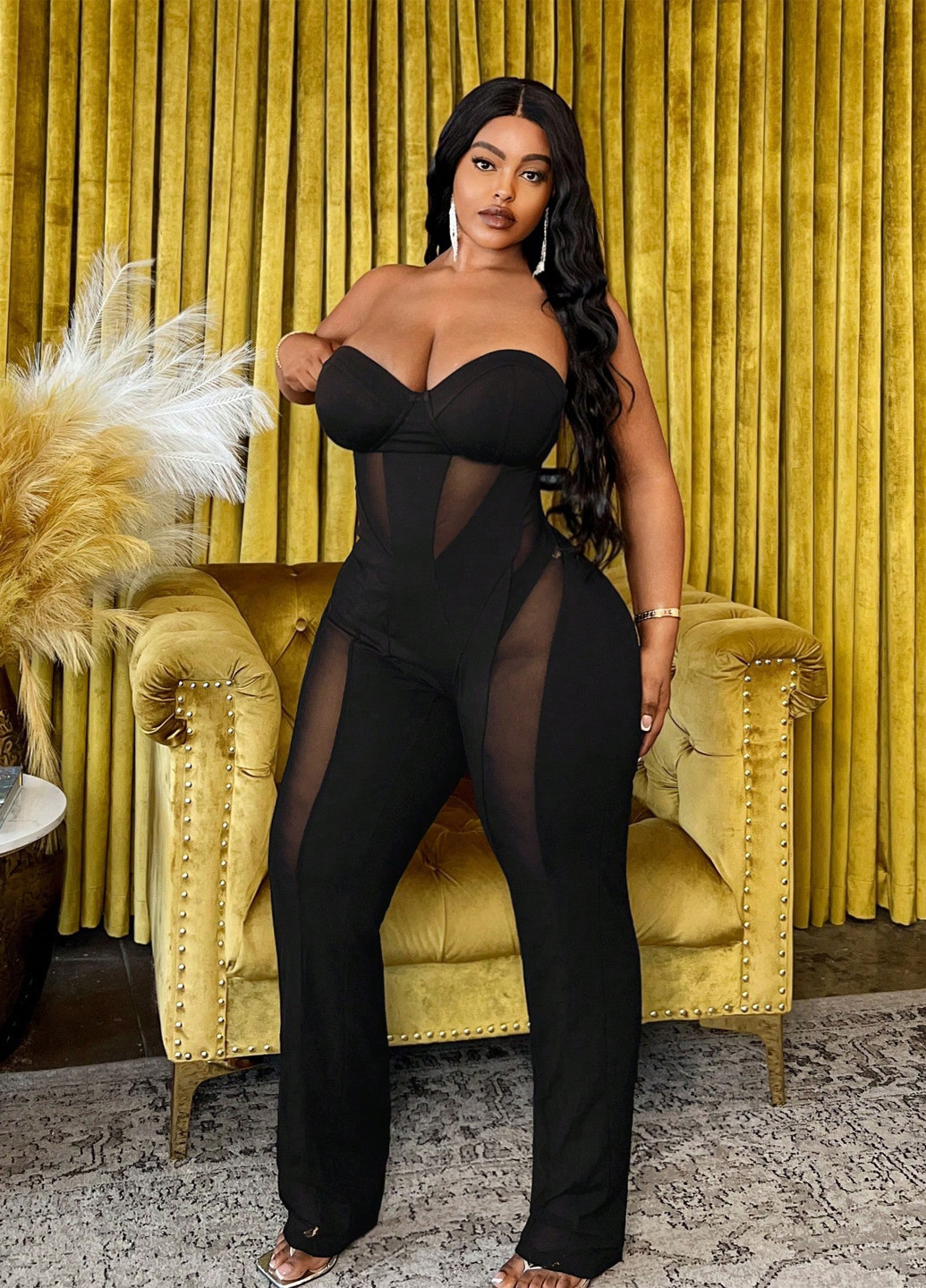 Комбінезон SHEIN комбінезон-брюки однотонний чорний вечірній, відвертий поліестер