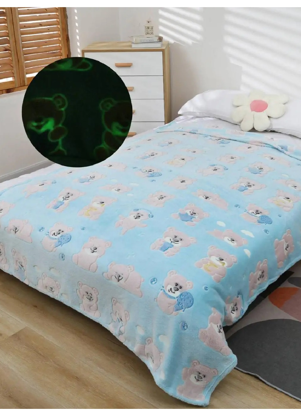 Детский плед светящийся в темноте покрывало одеяло микрофибра 100х135 см (473628-Prob) Голубой с мишками Unbranded (255708276)