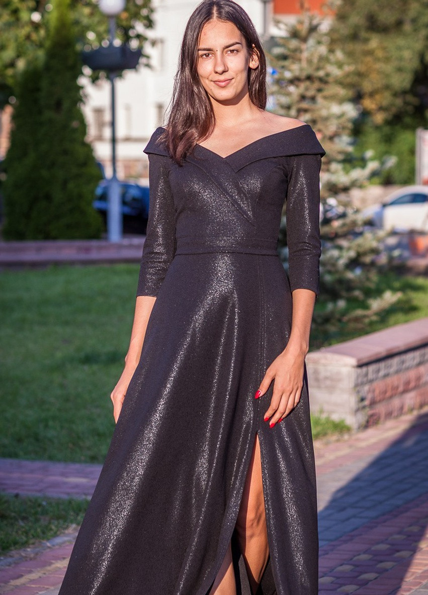 Черное вечернее платье а-силуэт, с юбкой-солнце FashionYouWant однотонное
