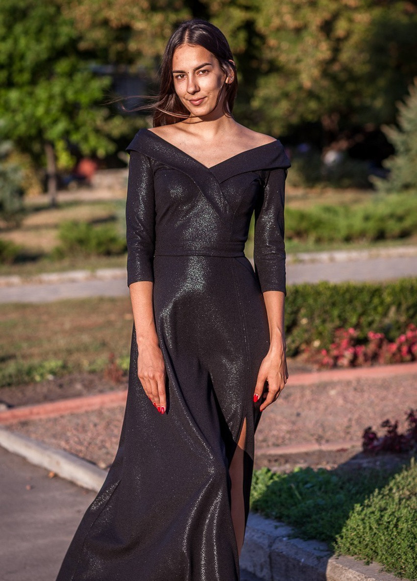 Черное вечернее платье а-силуэт, с юбкой-солнце FashionYouWant однотонное
