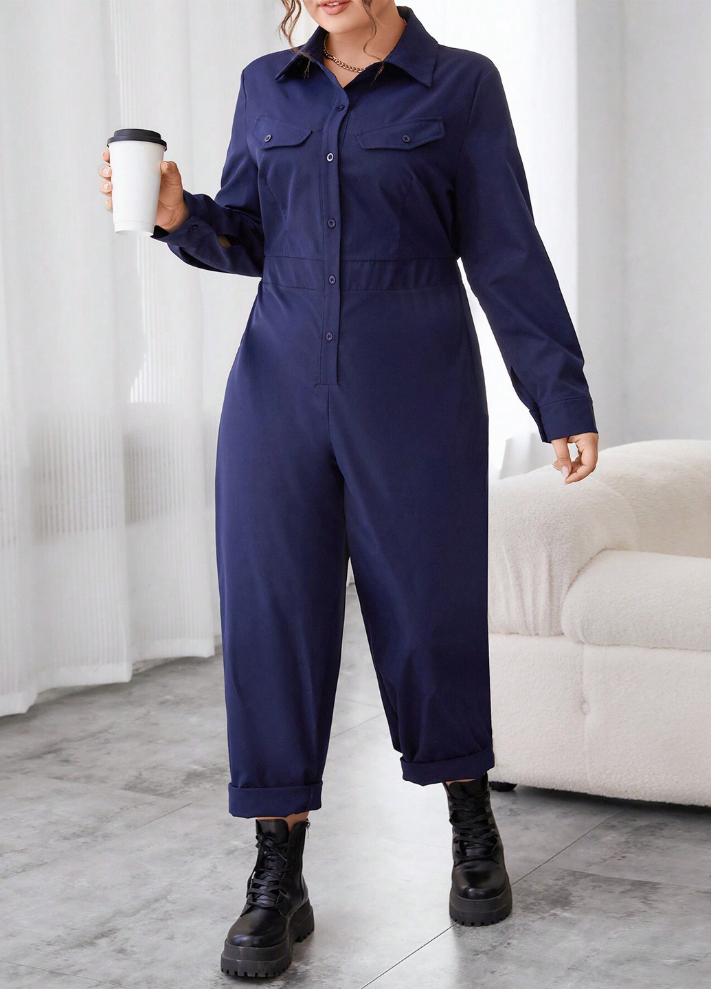 Комбинезон SHEIN комбинезон-брюки однотонный тёмно-синий кэжуал полиэстер