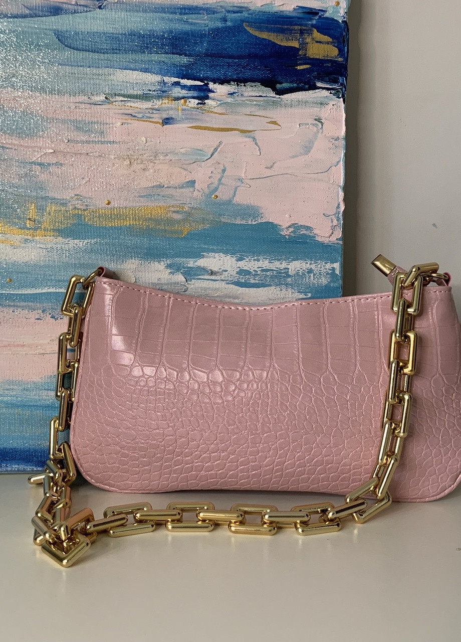 Женская классическая сумочка багет на толстой золотой цепочке рептилия розовая NoName (251204356)