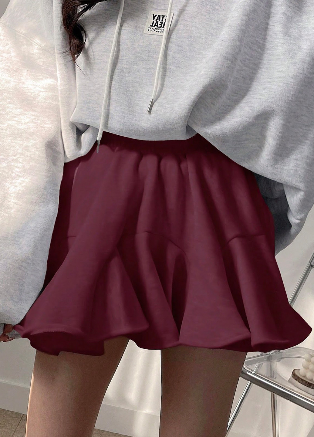 Бордовая кэжуал однотонная юбка SHEIN клешированная-солнце