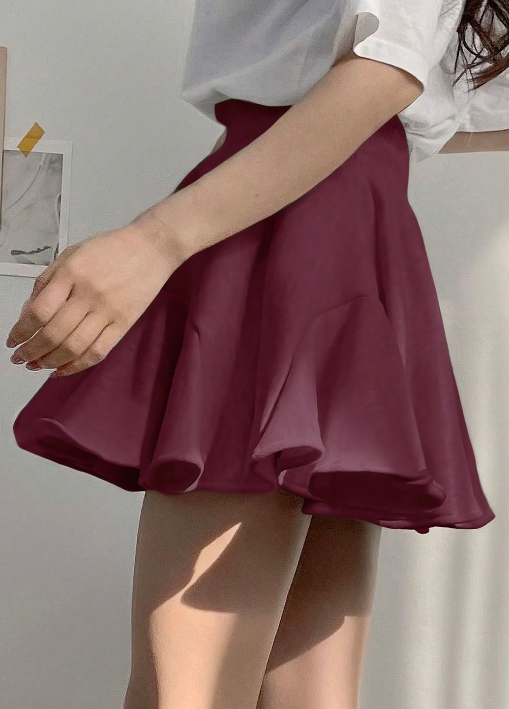 Бордовая кэжуал однотонная юбка SHEIN клешированная-солнце