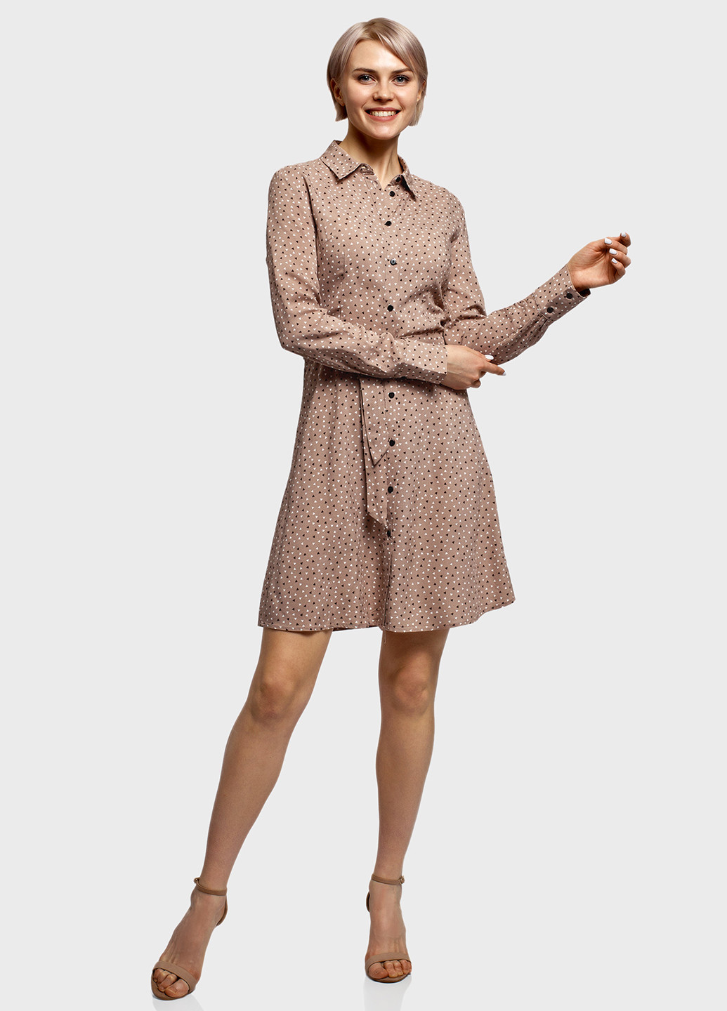 Бежевое кэжуал платье рубашка Oodji с геометрическим узором