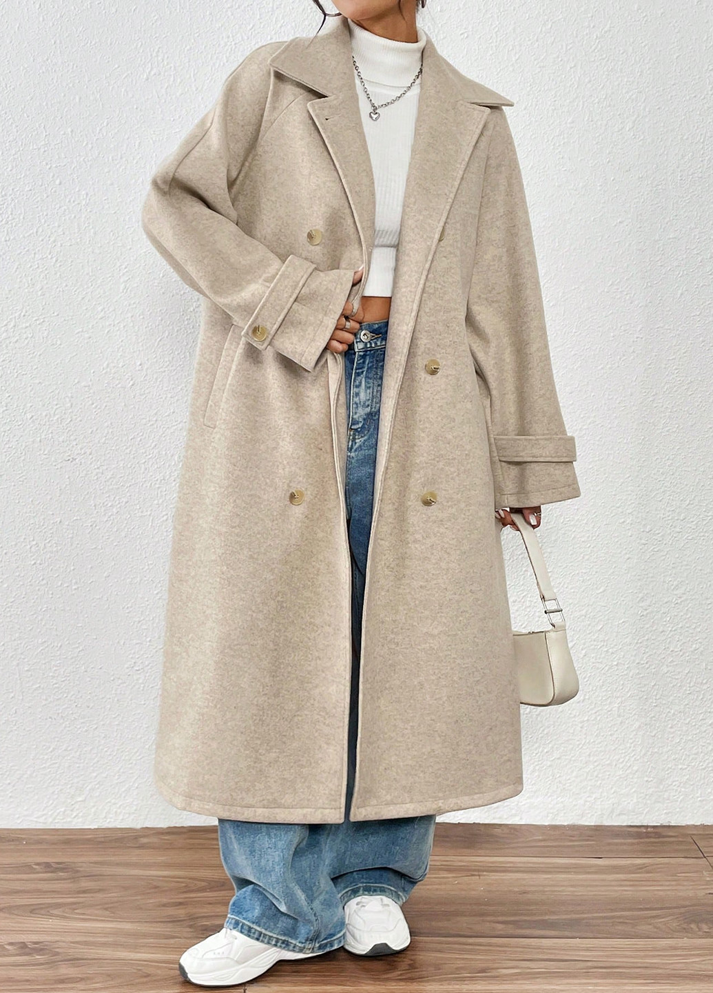 Бежевое демисезонное Пальто двубортное SHEIN