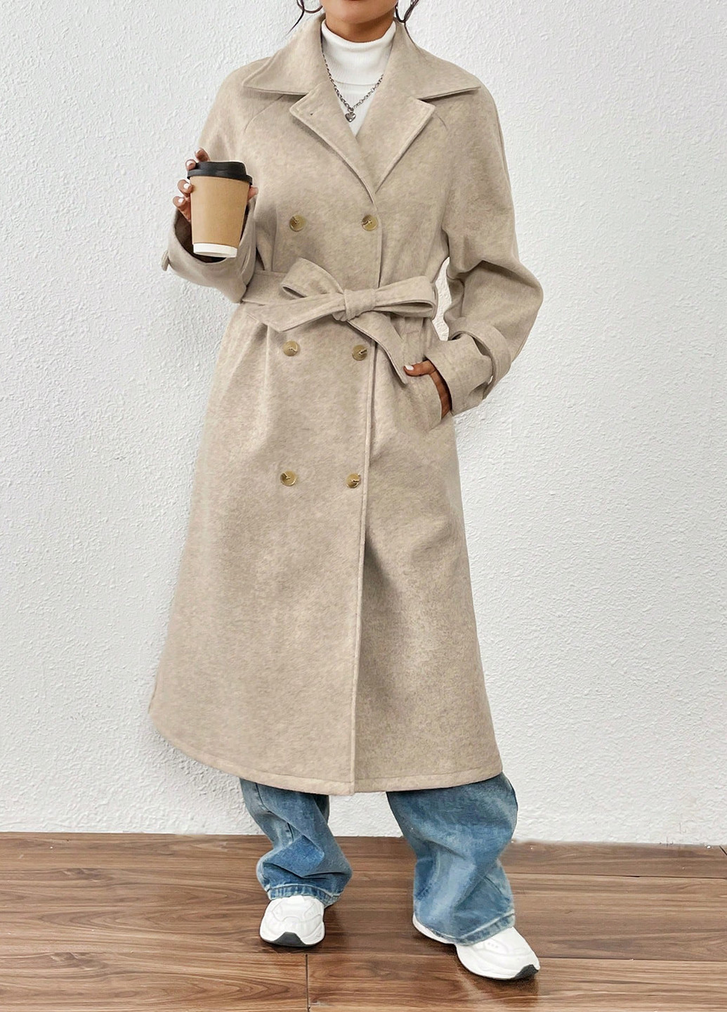 Бежевое демисезонное Пальто двубортное SHEIN