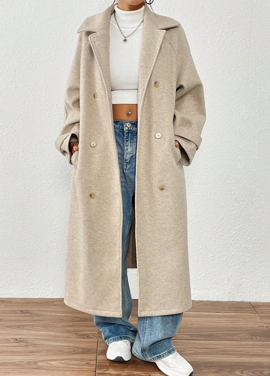 Бежевое демисезонное Пальто двубортное SHEIN