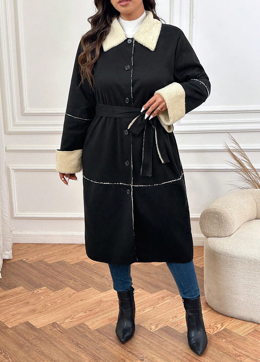 Чорно-білий демісезонне Пальто однобортне SHEIN