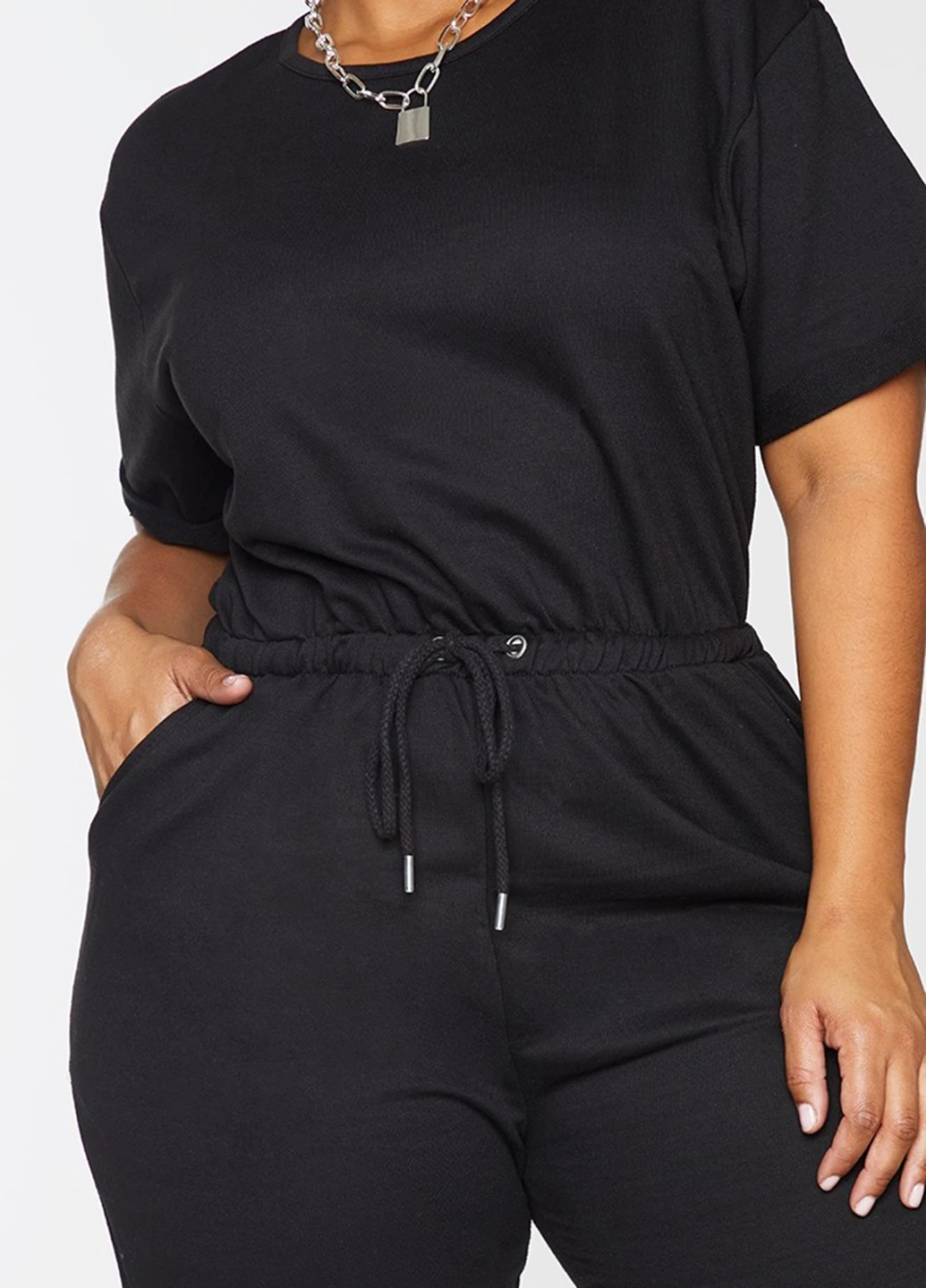 Комбинезон PrettyLittleThing комбинезон-брюки однотонный чёрный кэжуал хлопок, полиэстер, трикотаж