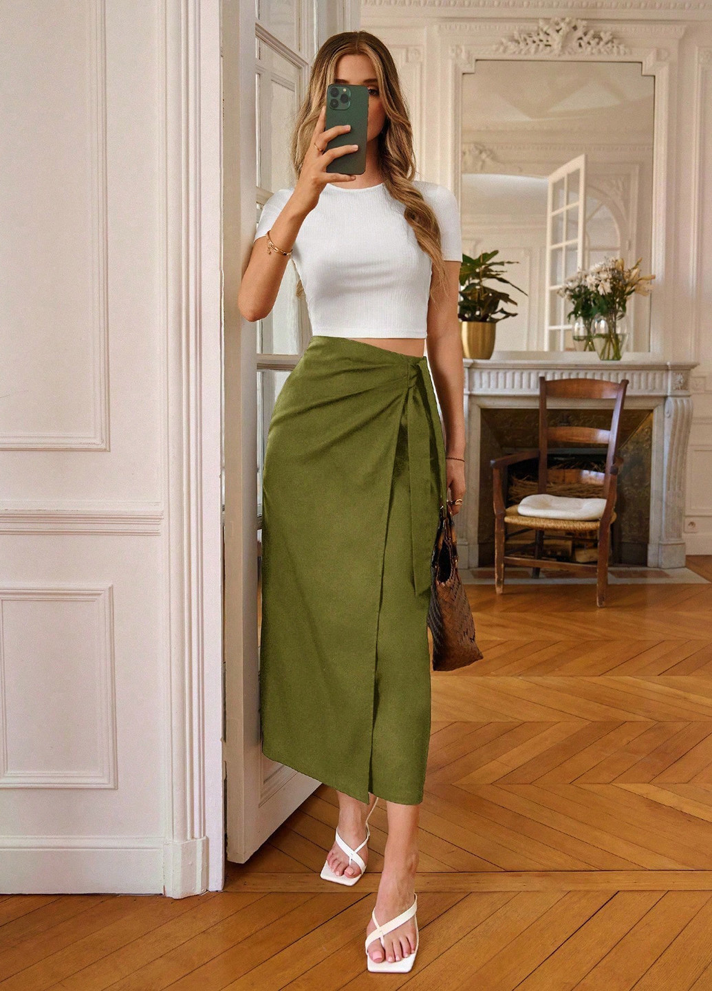 Оливковая кэжуал однотонная юбка SHEIN на запах