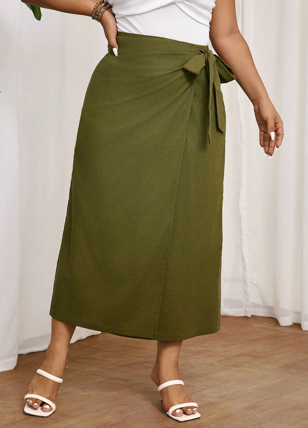 Оливковая кэжуал однотонная юбка SHEIN на запах