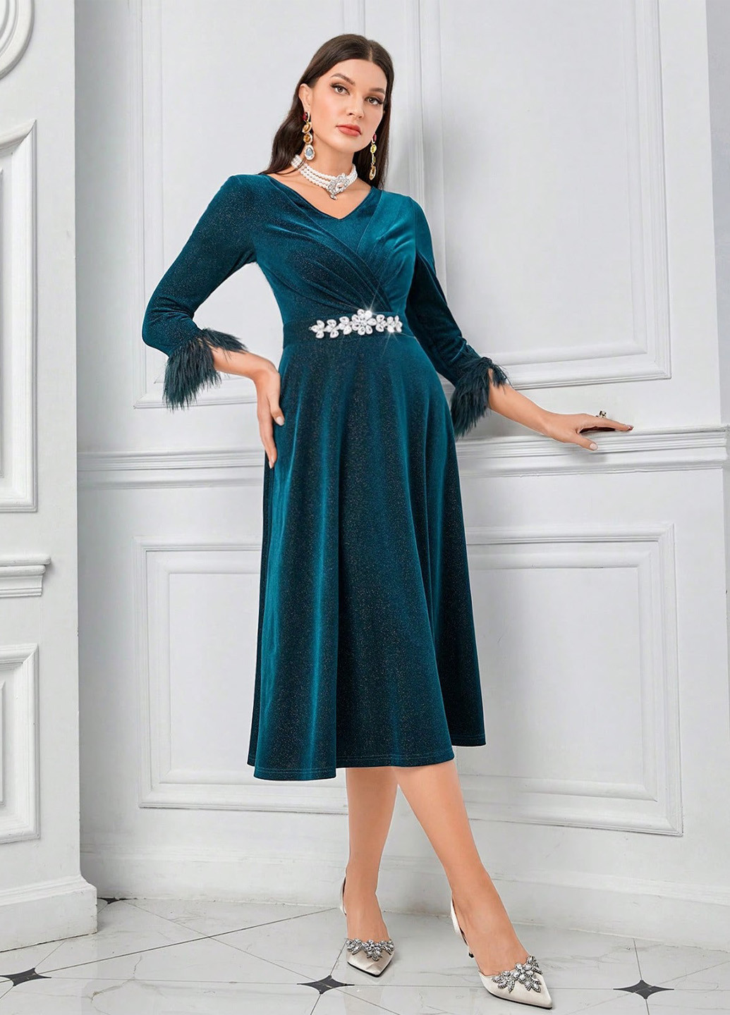 Морської хвилі вечірня сукня на запах, кльош SHEIN однотонна