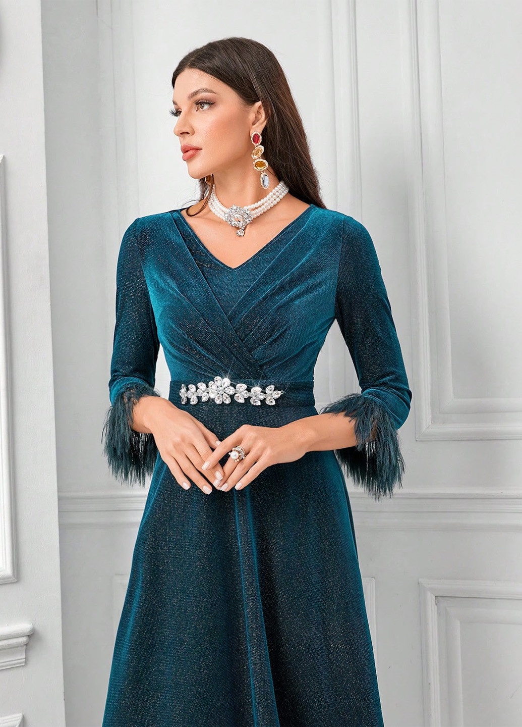 Морської хвилі вечірня сукня на запах, кльош SHEIN однотонна