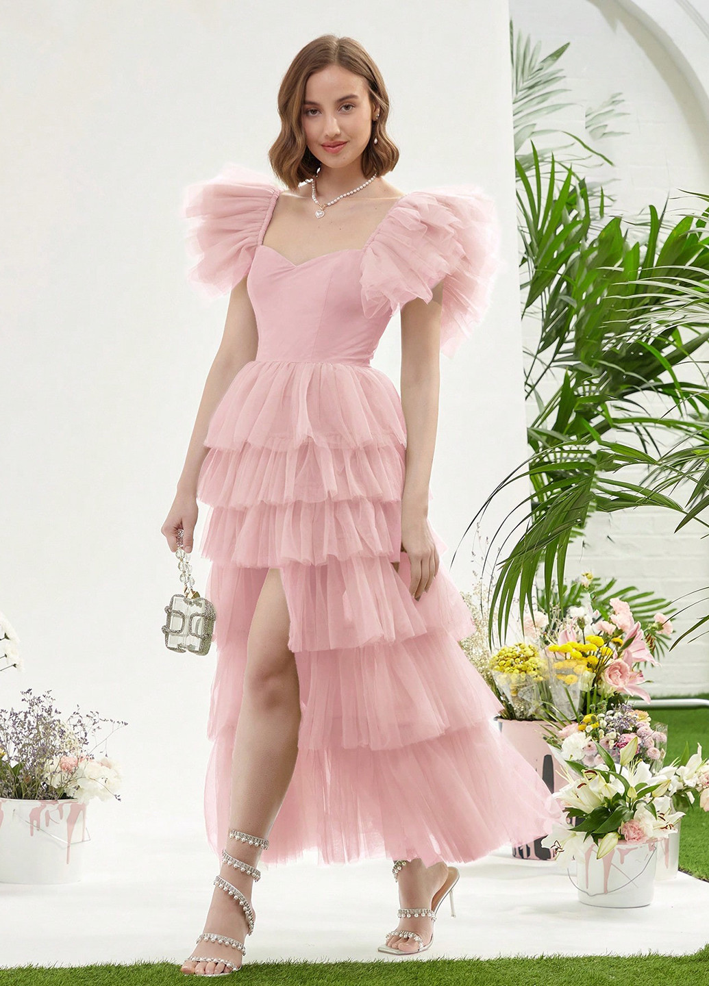 Світло-рожева коктейльна, вечірня, святковий сукня пачка, зі шлейфом, з відкритою спиною SHEIN однотонна