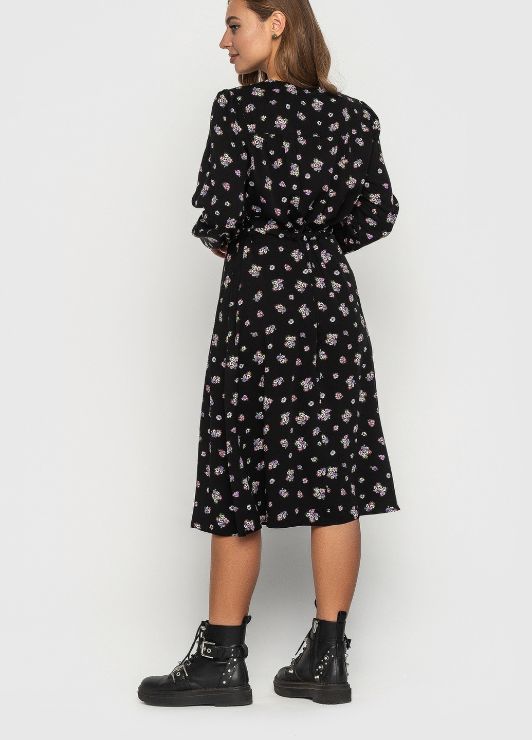 Чорна кежуал сукня зі штапелю кльош, дзвін, з спідницею-сонце BeART з квітковим принтом