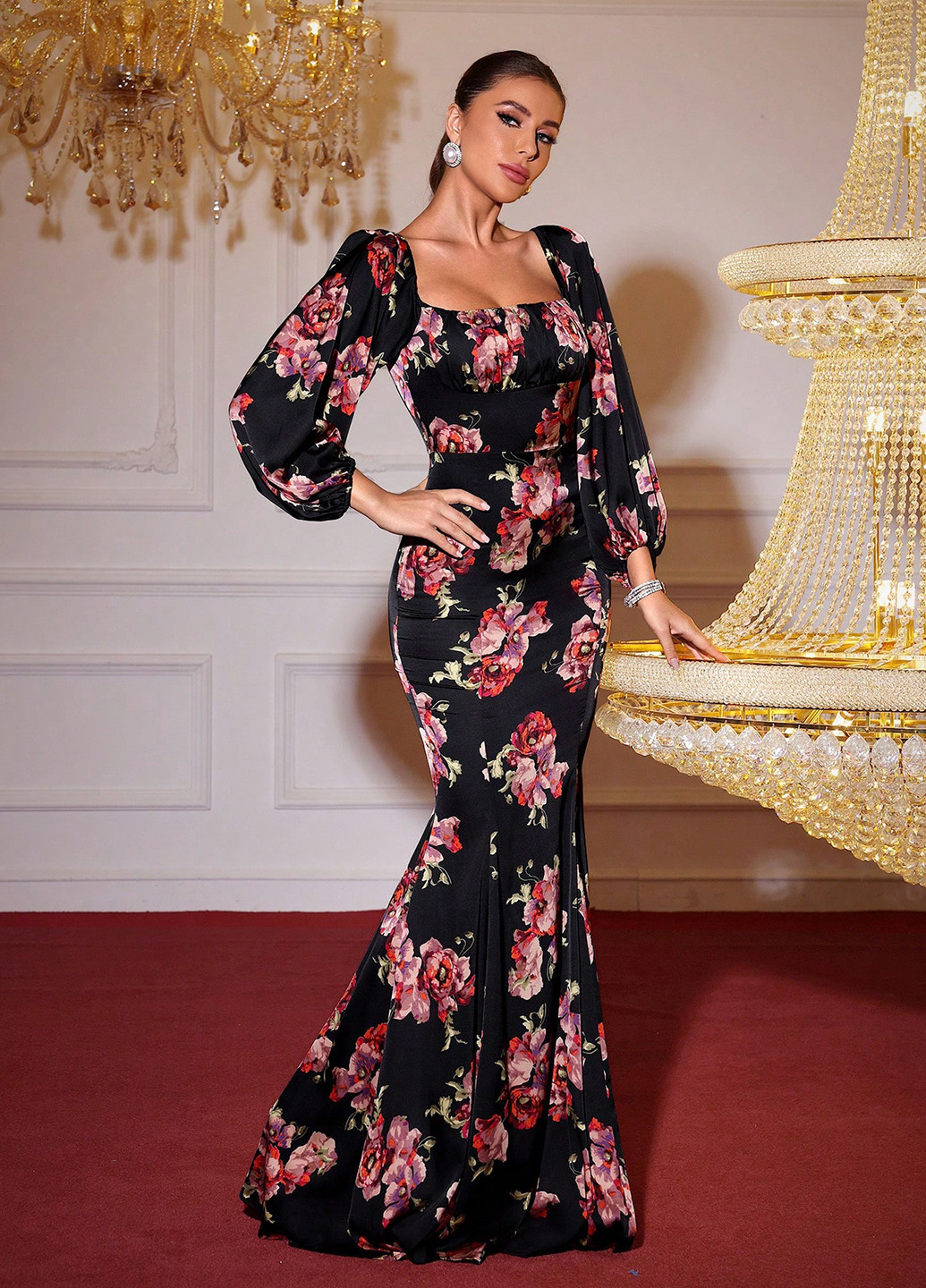 Черное вечернее платье годе, футляр SHEIN с цветочным принтом