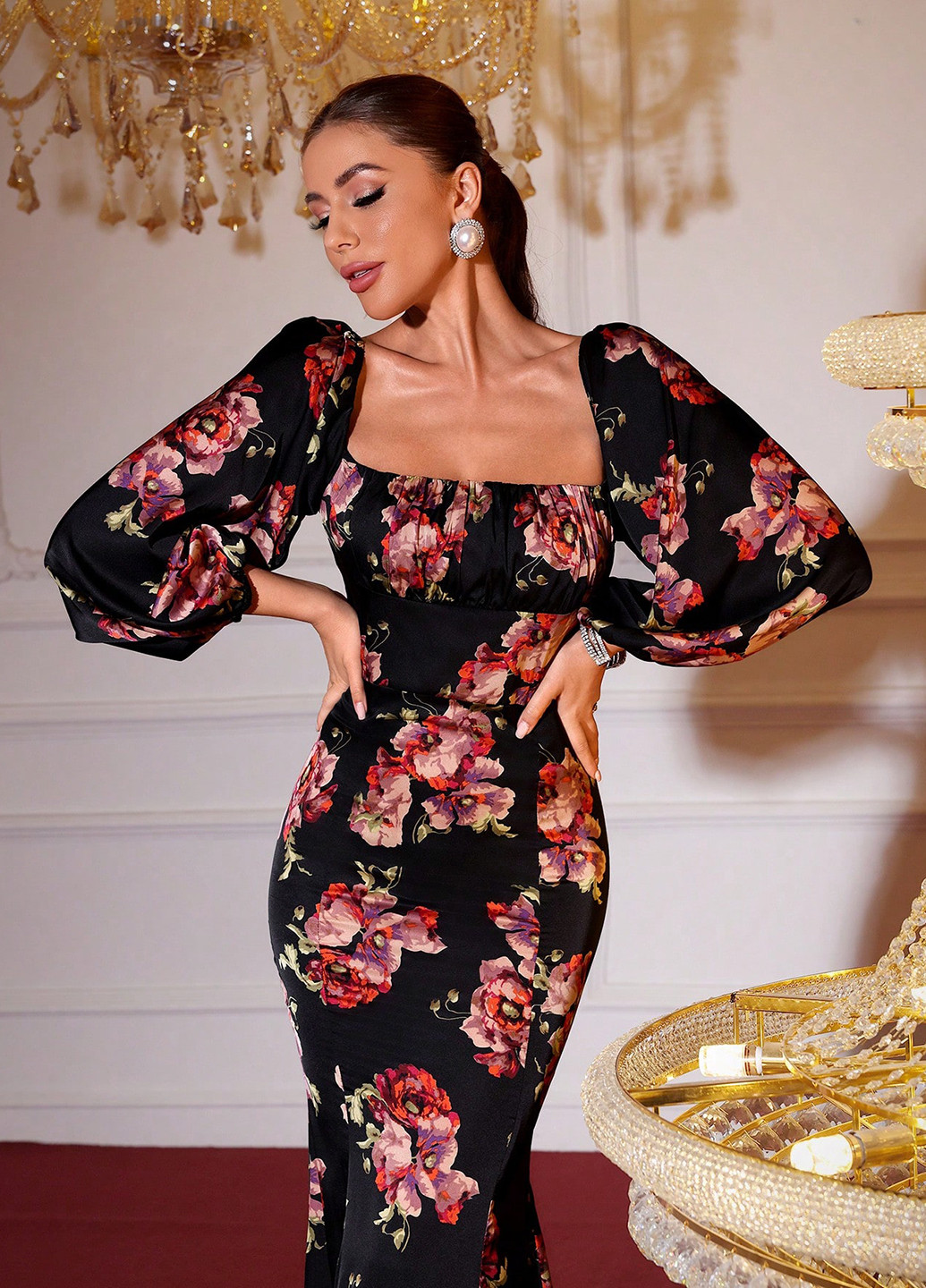 Черное вечернее платье годе, футляр SHEIN с цветочным принтом