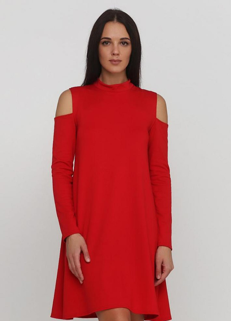 Красное кэжуал лаконичное платье-трапеция из мягкого французского трикотажа с вырезами на плечах ella красный Podium однотонное