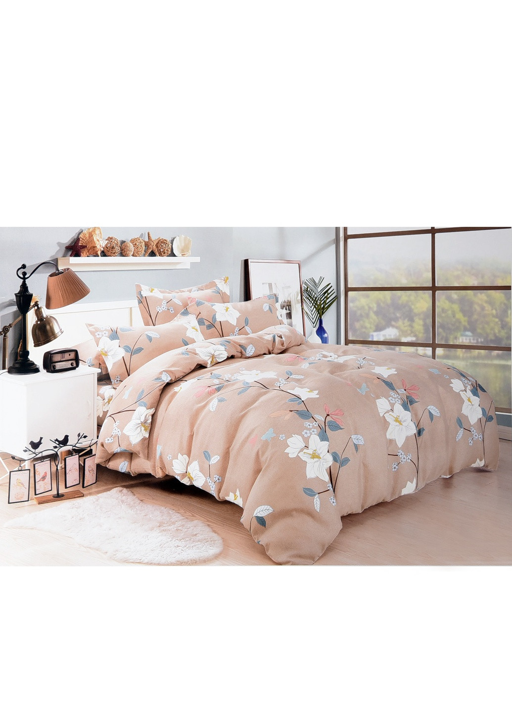Комплект постельного белья бежевого цвета с цветочным принтом полуторка Let's Shop (256547636)