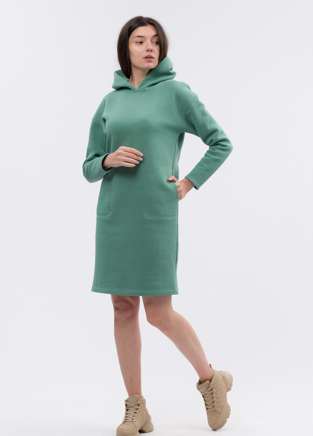 Фісташкова кежуал тепла сукня худі на флісі кольору фісташки 5712 сукня-худі Cat Orange однотонна