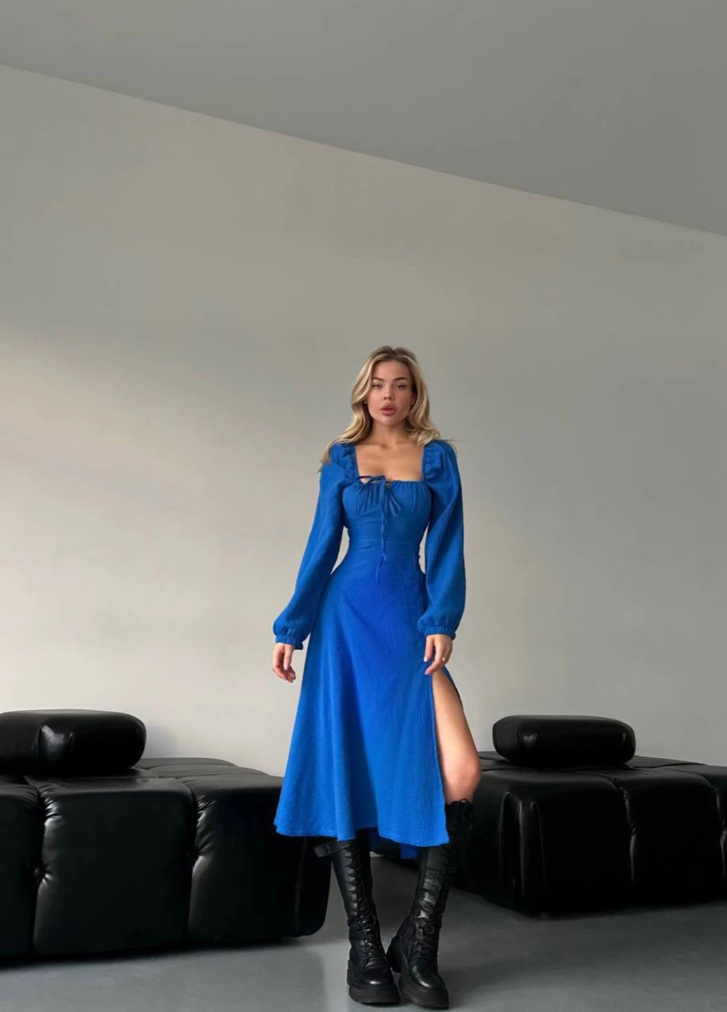 Синее кэжуал платье Fashion однотонное
