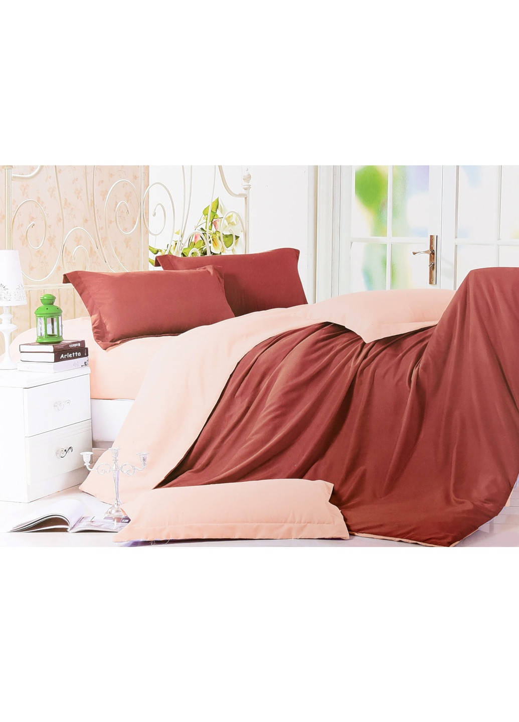 Комплект постельного белья бордовый с персиковым полуторка Let's Shop (256547975)