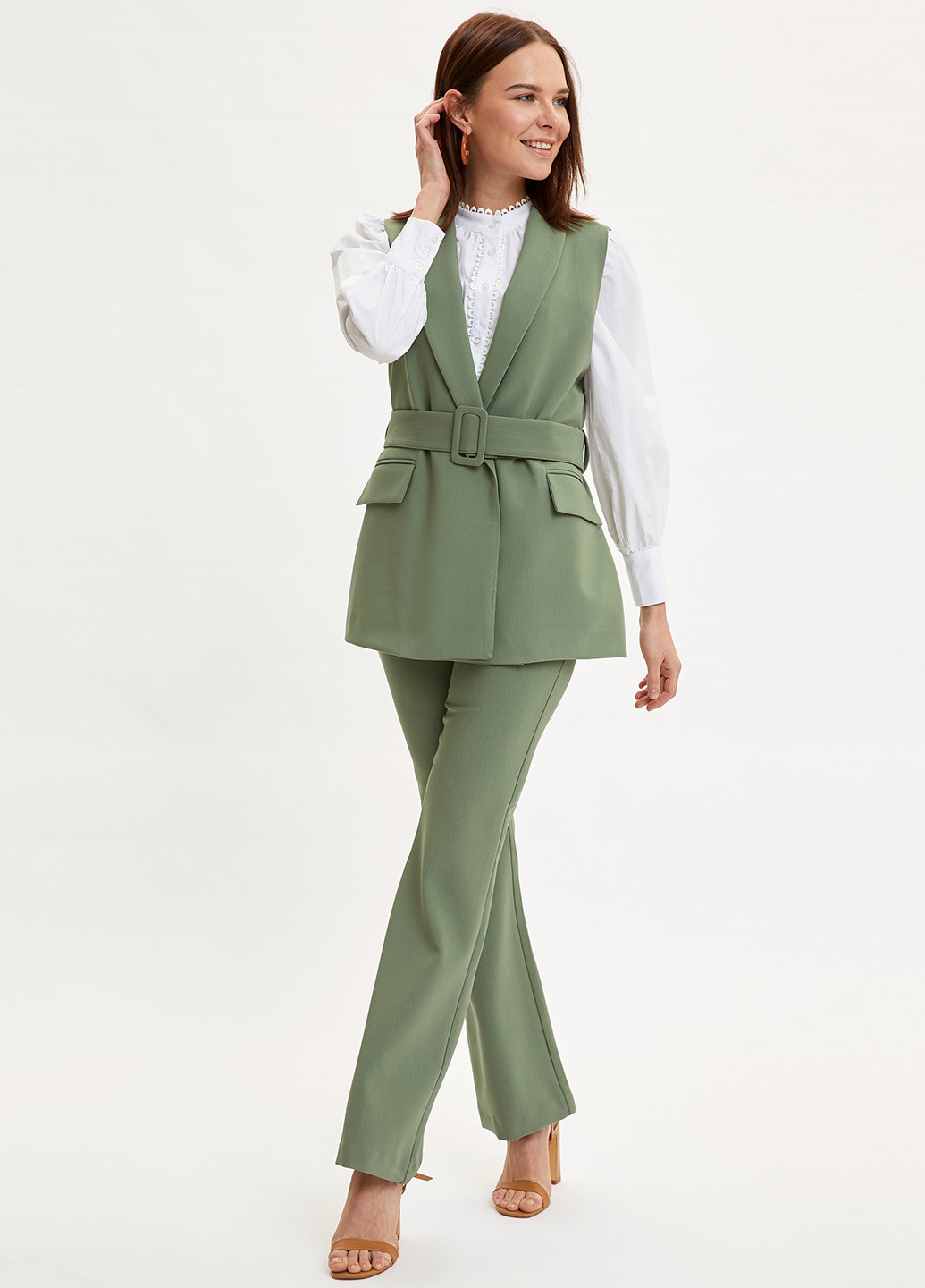 Пиджак DeFacto оливковый кэжуал костюмная, полиэстер