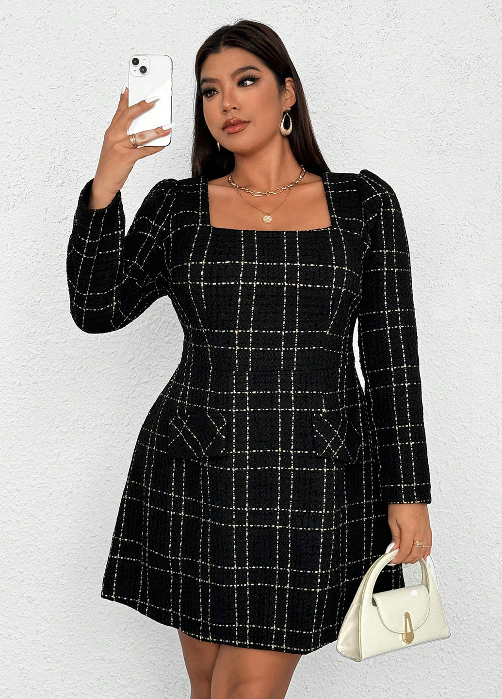 Черное деловое, кэжуал платье колокол SHEIN в клетку