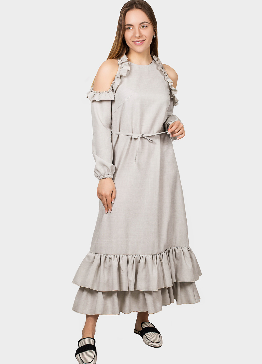 Серо-бежевое кэжуал платье а-силуэт O`zona milano однотонное