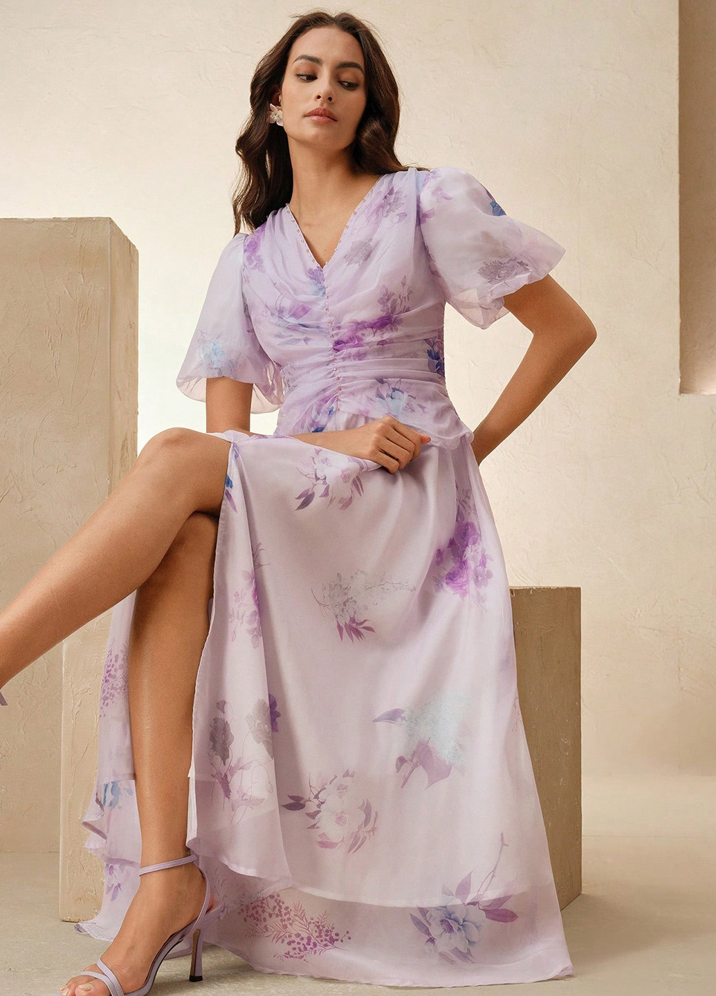 Світло-лілова вечірня сукня а-силует SHEIN з квітковим принтом