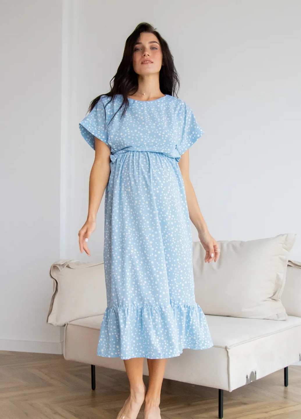 Блакитна вільна сукня для вагітних і годуючих мам блакитна легка у горошок із секретом для годування To Be в горошок