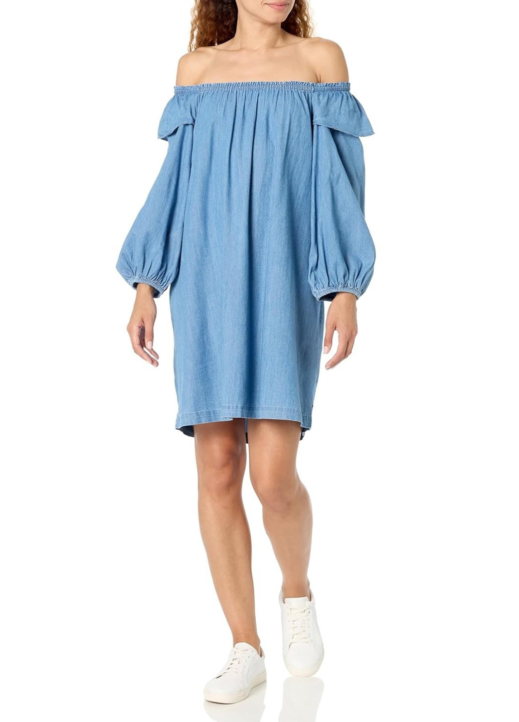 Синее кэжуал платье с открытыми плечами Tommy Hilfiger однотонное