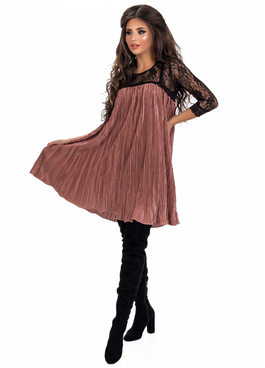 Розово-коричневое кэжуал платье с длинным рукавом Modna Anka однотонное