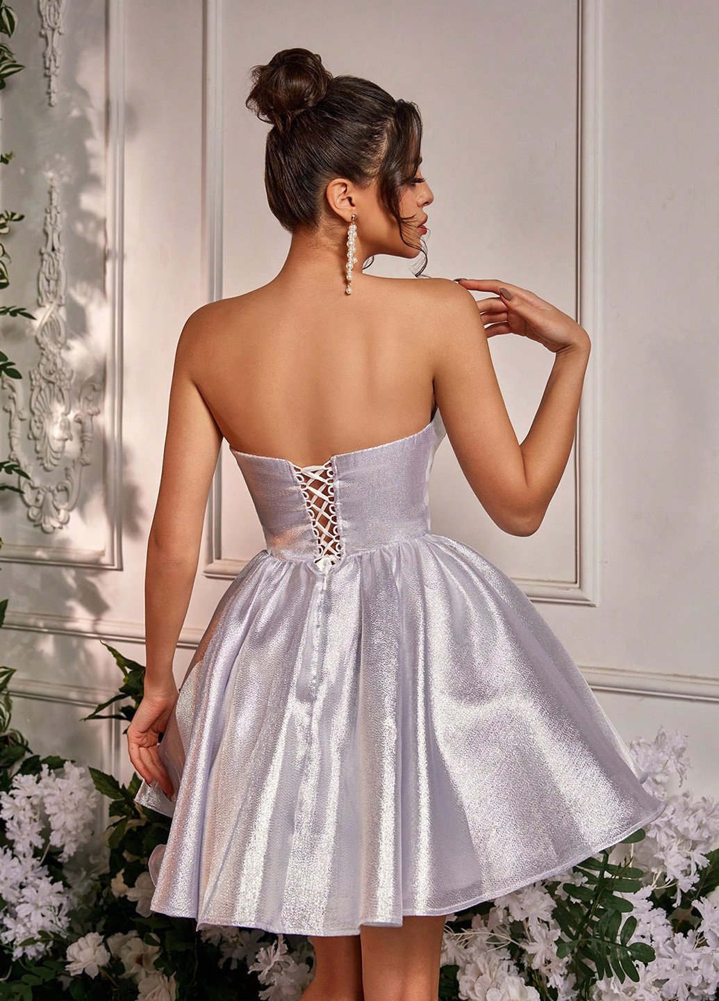 Серебристое праздничный, коктейльное платье с пышной юбкой, с корсетом, бэби долл SHEIN однотонное
