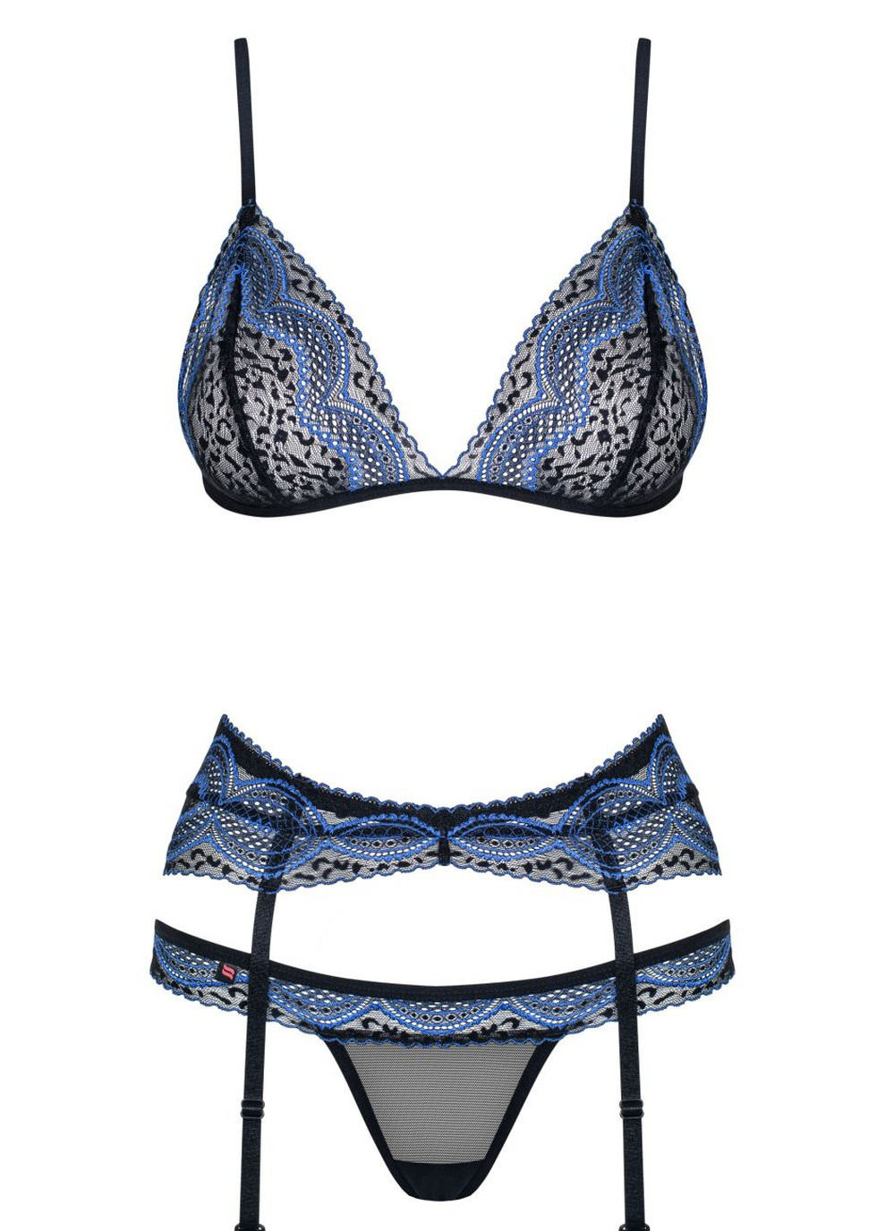 Синій демісезонний комплект білизни (ліф, стрінги, пояс) Obsessive