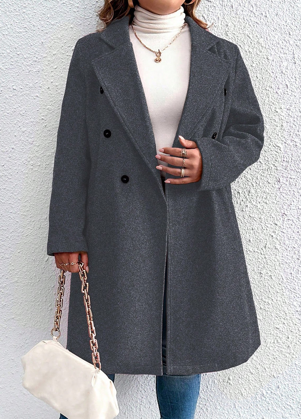 Темно-серое демисезонное Пальто двубортное SHEIN